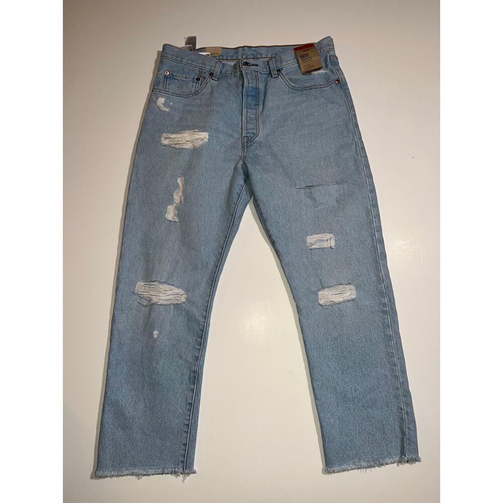 Levi’s Strauss New 501 chopped butterfly distressed straight leg blue jean